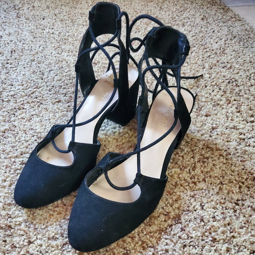 Nine West Suede Block Heel Lace Up Pumps
